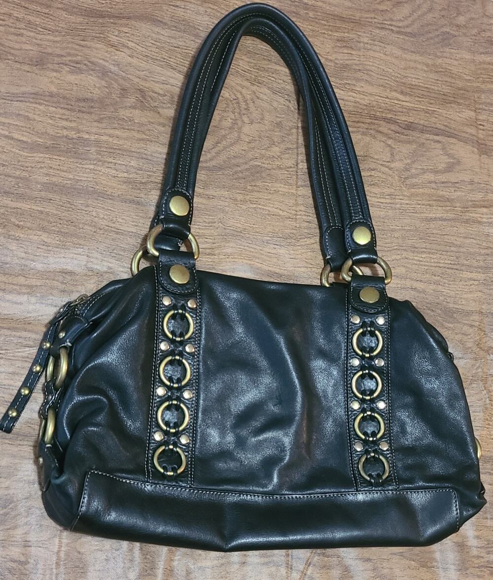 Scarlett Blake Y2K Black 100% Leather Shoulder Handbag Purse Brass Grommets